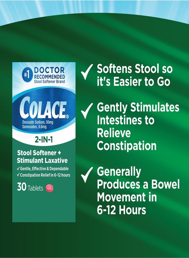 Colace أقراص كولاس 2 في 1 لتليين البراز وتحفيز حركة الأمعاء، لتخفيف الإمساك بلطف خلال 6-12 ساعة، 30 قرصًا - Image 4